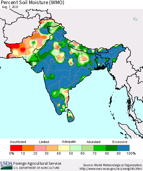 Southern Asia Percent Soil Moisture (WMO) Thematic Map For 8/1/2022 - 8/7/2022