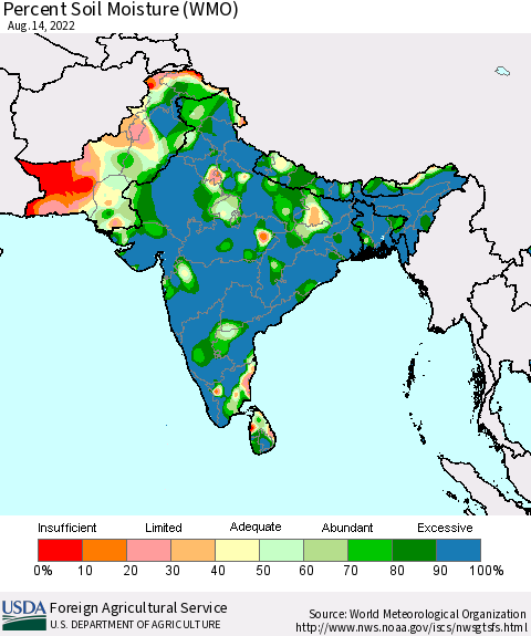 Southern Asia Percent Soil Moisture (WMO) Thematic Map For 8/8/2022 - 8/14/2022