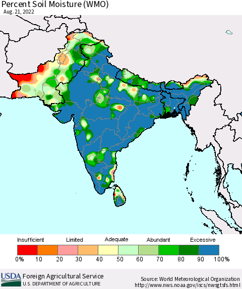 Southern Asia Percent Soil Moisture (WMO) Thematic Map For 8/15/2022 - 8/21/2022
