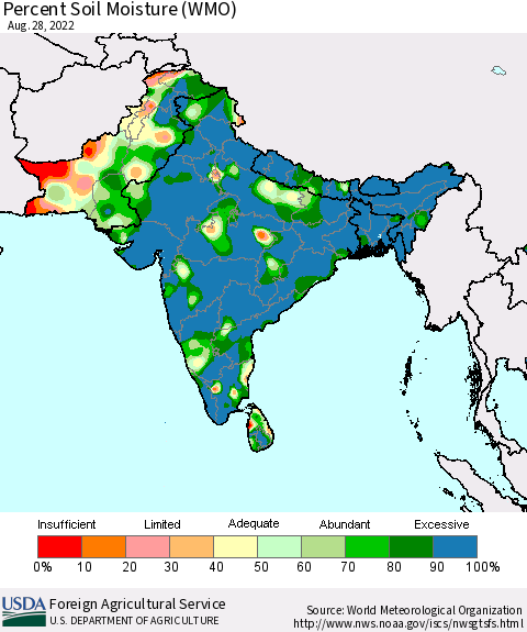 Southern Asia Percent Soil Moisture (WMO) Thematic Map For 8/22/2022 - 8/28/2022
