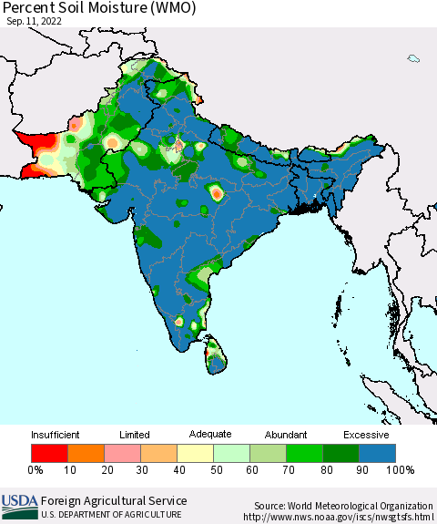 Southern Asia Percent Soil Moisture (WMO) Thematic Map For 9/5/2022 - 9/11/2022