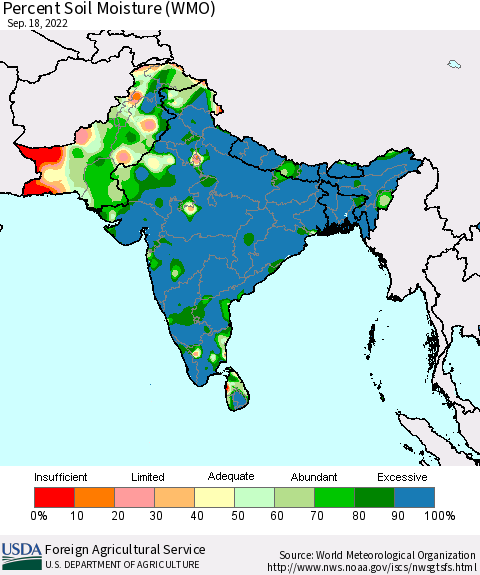 Southern Asia Percent Soil Moisture (WMO) Thematic Map For 9/12/2022 - 9/18/2022