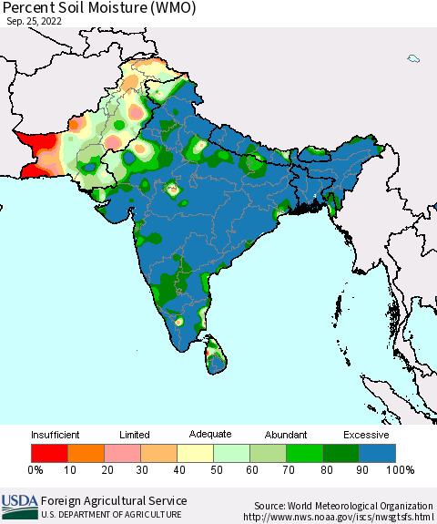 Southern Asia Percent Soil Moisture (WMO) Thematic Map For 9/19/2022 - 9/25/2022