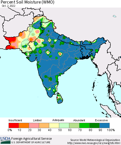 Southern Asia Percent Soil Moisture (WMO) Thematic Map For 9/26/2022 - 10/2/2022