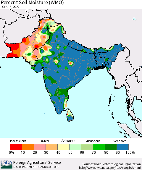 Southern Asia Percent Soil Moisture (WMO) Thematic Map For 10/10/2022 - 10/16/2022