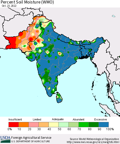 Southern Asia Percent Soil Moisture (WMO) Thematic Map For 10/17/2022 - 10/23/2022