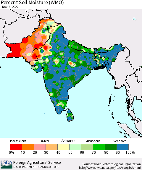 Southern Asia Percent Soil Moisture (WMO) Thematic Map For 10/31/2022 - 11/6/2022