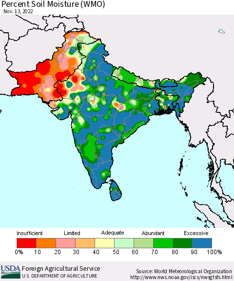 Southern Asia Percent Soil Moisture (WMO) Thematic Map For 11/7/2022 - 11/13/2022