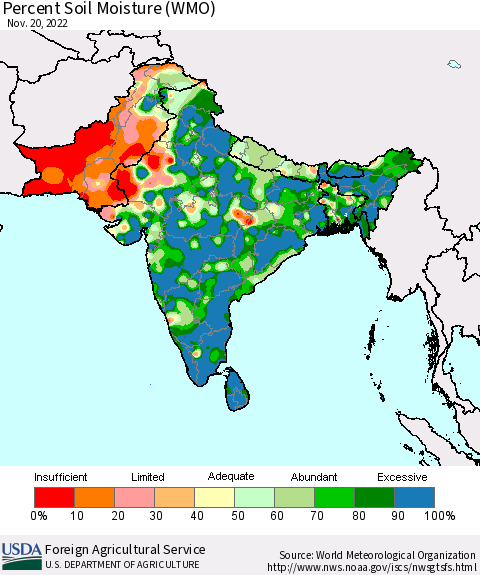 Southern Asia Percent Soil Moisture (WMO) Thematic Map For 11/14/2022 - 11/20/2022