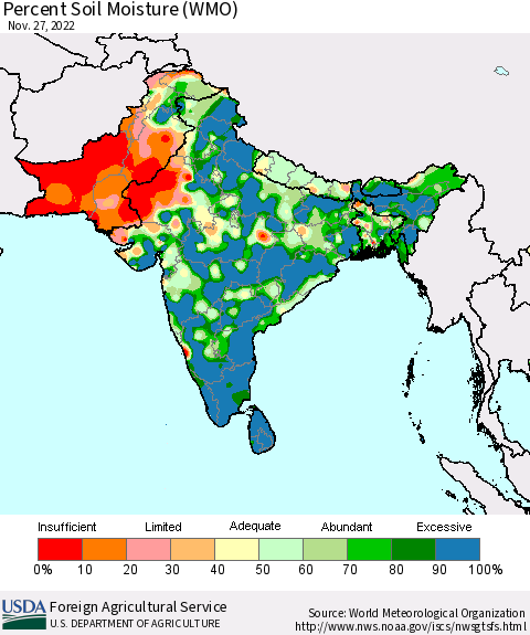 Southern Asia Percent Soil Moisture (WMO) Thematic Map For 11/21/2022 - 11/27/2022