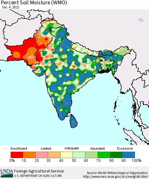 Southern Asia Percent Soil Moisture (WMO) Thematic Map For 11/28/2022 - 12/4/2022
