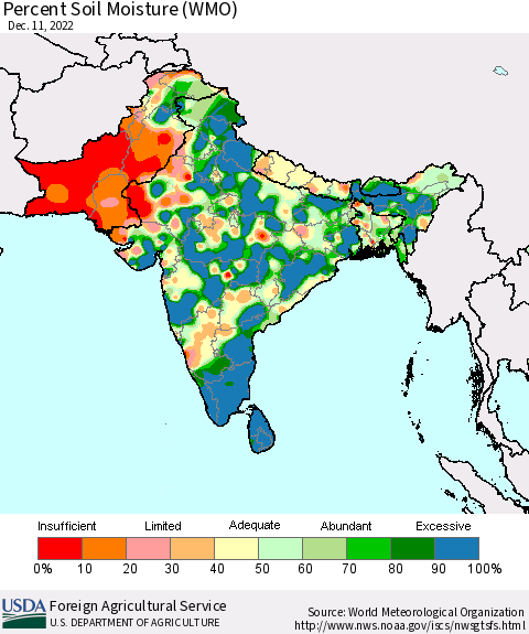 Southern Asia Percent Soil Moisture (WMO) Thematic Map For 12/5/2022 - 12/11/2022