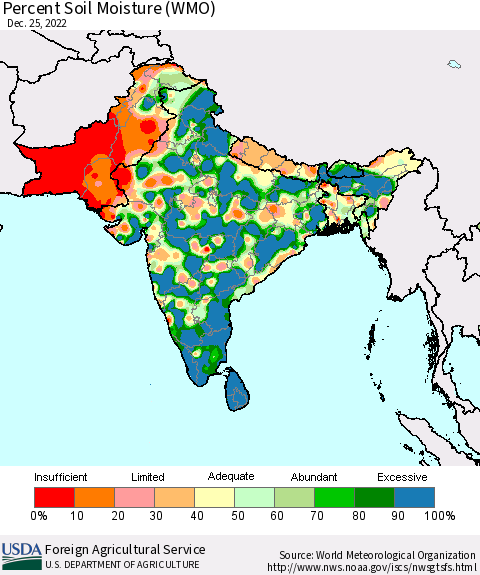 Southern Asia Percent Soil Moisture (WMO) Thematic Map For 12/19/2022 - 12/25/2022