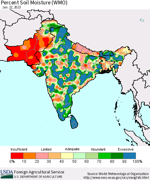 Southern Asia Percent Soil Moisture (WMO) Thematic Map For 1/16/2023 - 1/22/2023