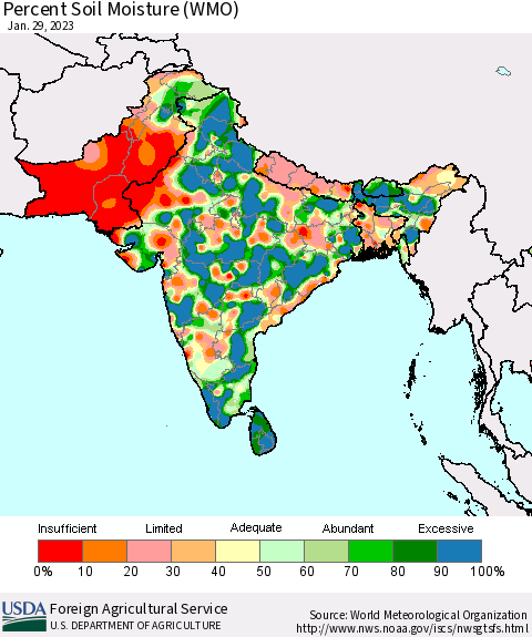 Southern Asia Percent Soil Moisture (WMO) Thematic Map For 1/23/2023 - 1/29/2023