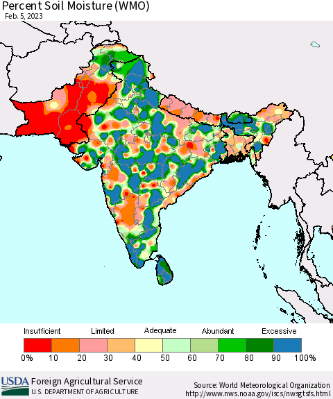 Southern Asia Percent Soil Moisture (WMO) Thematic Map For 1/30/2023 - 2/5/2023