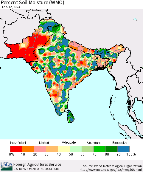 Southern Asia Percent Soil Moisture (WMO) Thematic Map For 2/6/2023 - 2/12/2023