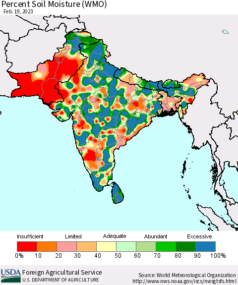 Southern Asia Percent Soil Moisture (WMO) Thematic Map For 2/13/2023 - 2/19/2023