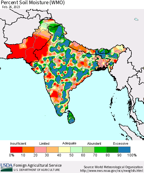 Southern Asia Percent Soil Moisture (WMO) Thematic Map For 2/20/2023 - 2/26/2023