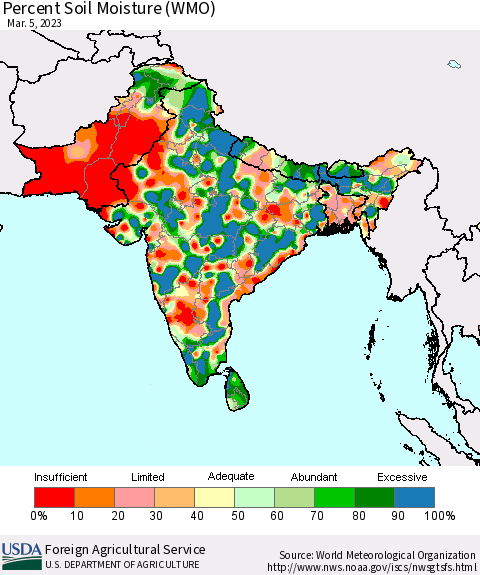 Southern Asia Percent Soil Moisture (WMO) Thematic Map For 2/27/2023 - 3/5/2023