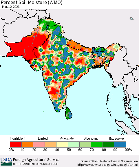Southern Asia Percent Soil Moisture (WMO) Thematic Map For 3/6/2023 - 3/12/2023