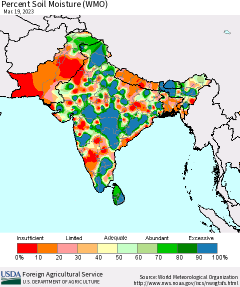 Southern Asia Percent Soil Moisture (WMO) Thematic Map For 3/13/2023 - 3/19/2023
