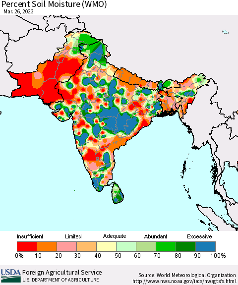 Southern Asia Percent Soil Moisture (WMO) Thematic Map For 3/20/2023 - 3/26/2023