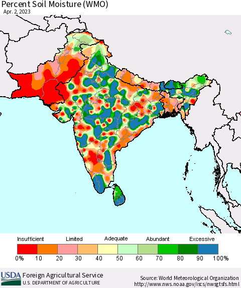 Southern Asia Percent Soil Moisture (WMO) Thematic Map For 3/27/2023 - 4/2/2023