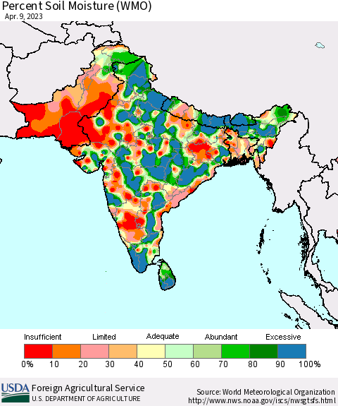 Southern Asia Percent Soil Moisture (WMO) Thematic Map For 4/3/2023 - 4/9/2023