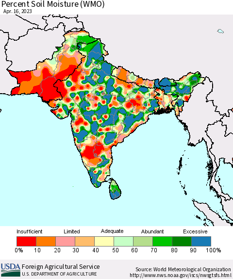 Southern Asia Percent Soil Moisture (WMO) Thematic Map For 4/10/2023 - 4/16/2023