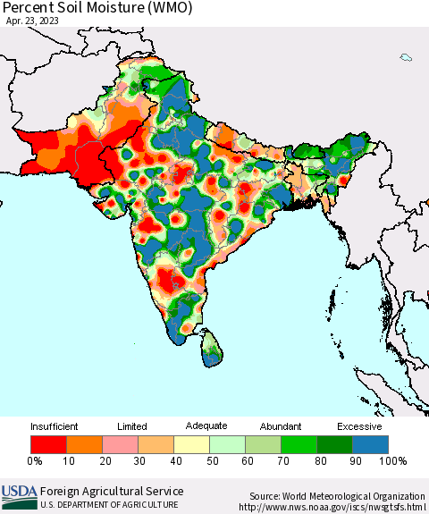 Southern Asia Percent Soil Moisture (WMO) Thematic Map For 4/17/2023 - 4/23/2023