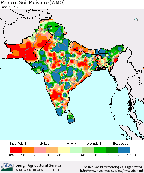 Southern Asia Percent Soil Moisture (WMO) Thematic Map For 4/24/2023 - 4/30/2023