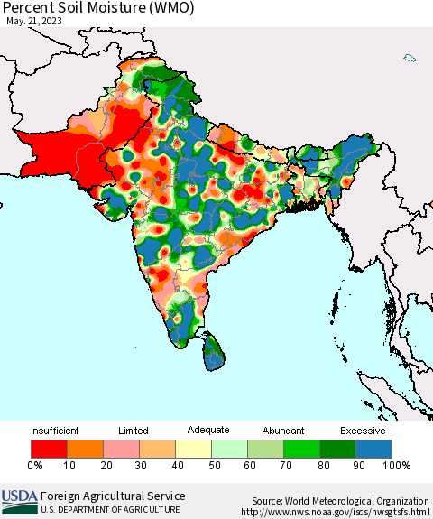 Southern Asia Percent Soil Moisture (WMO) Thematic Map For 5/15/2023 - 5/21/2023