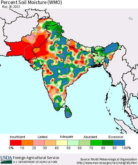 Southern Asia Percent Soil Moisture (WMO) Thematic Map For 5/22/2023 - 5/28/2023