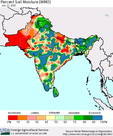 Southern Asia Percent Soil Moisture (WMO) Thematic Map For 6/5/2023 - 6/11/2023