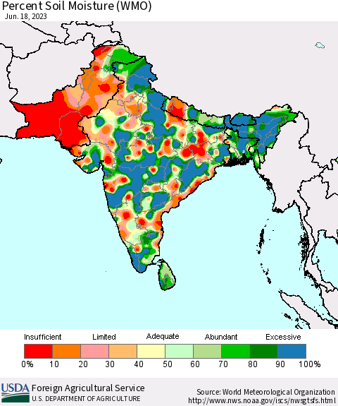 Southern Asia Percent Soil Moisture (WMO) Thematic Map For 6/12/2023 - 6/18/2023
