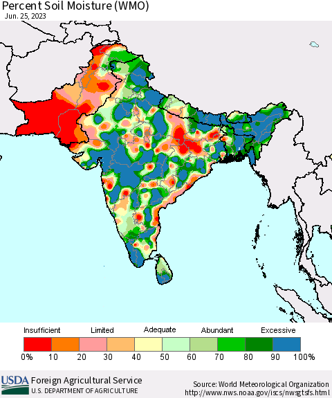Southern Asia Percent Soil Moisture (WMO) Thematic Map For 6/19/2023 - 6/25/2023