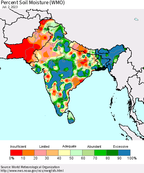 Southern Asia Percent Soil Moisture (WMO) Thematic Map For 6/26/2023 - 7/2/2023