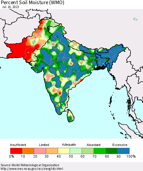 Southern Asia Percent Soil Moisture (WMO) Thematic Map For 7/10/2023 - 7/16/2023