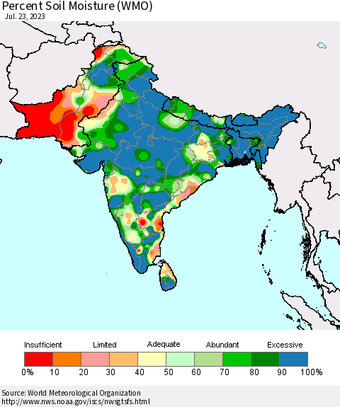 Southern Asia Percent Soil Moisture (WMO) Thematic Map For 7/17/2023 - 7/23/2023