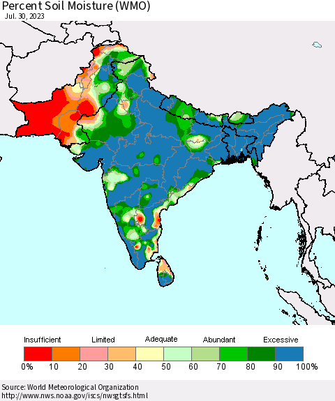 Southern Asia Percent Soil Moisture (WMO) Thematic Map For 7/24/2023 - 7/30/2023