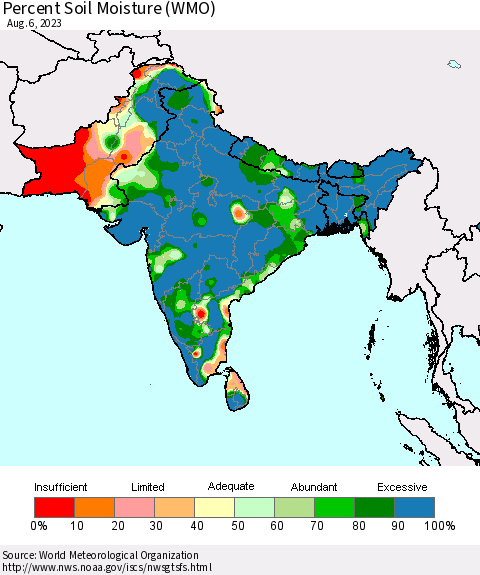 Southern Asia Percent Soil Moisture (WMO) Thematic Map For 7/31/2023 - 8/6/2023