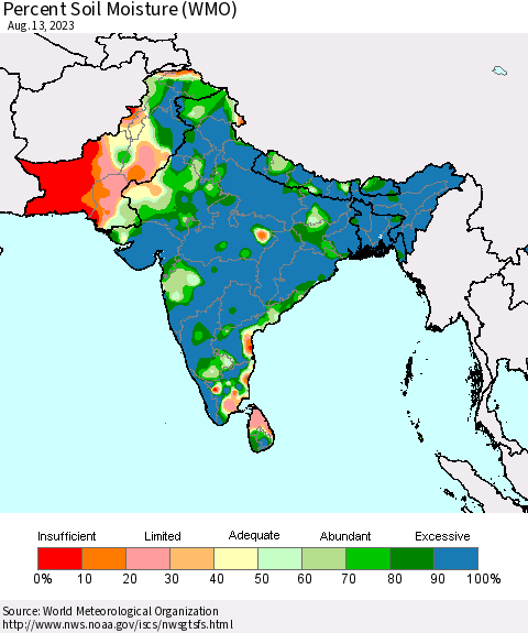 Southern Asia Percent Soil Moisture (WMO) Thematic Map For 8/7/2023 - 8/13/2023
