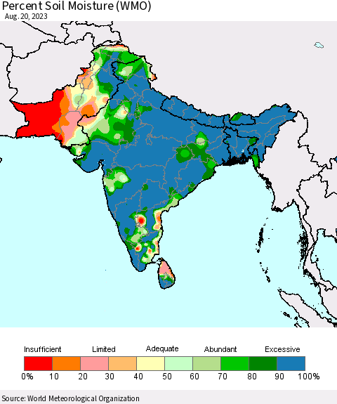 Southern Asia Percent Soil Moisture (WMO) Thematic Map For 8/14/2023 - 8/20/2023