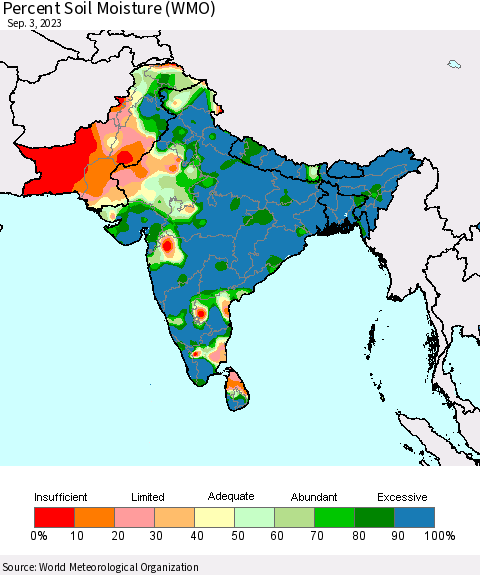 Southern Asia Percent Soil Moisture (WMO) Thematic Map For 8/28/2023 - 9/3/2023