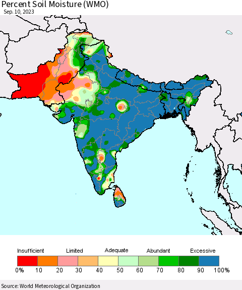 Southern Asia Percent Soil Moisture (WMO) Thematic Map For 9/4/2023 - 9/10/2023