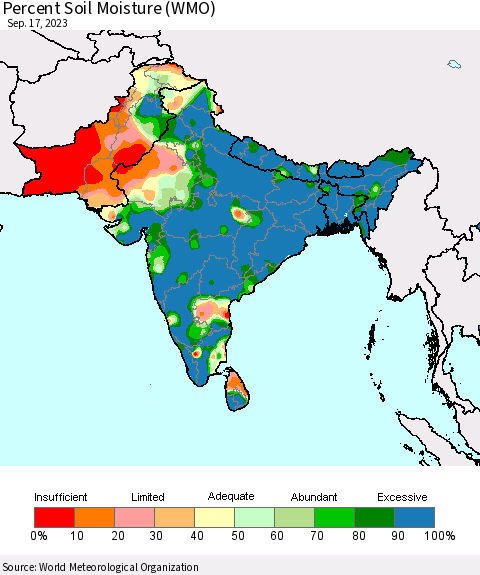 Southern Asia Percent Soil Moisture (WMO) Thematic Map For 9/11/2023 - 9/17/2023