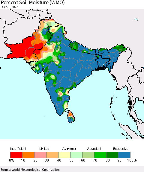 Southern Asia Percent Soil Moisture (WMO) Thematic Map For 9/25/2023 - 10/1/2023