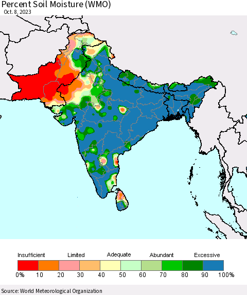 Southern Asia Percent Soil Moisture (WMO) Thematic Map For 10/2/2023 - 10/8/2023