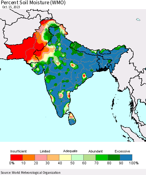 Southern Asia Percent Soil Moisture (WMO) Thematic Map For 10/9/2023 - 10/15/2023